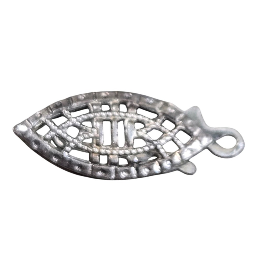 Vintage 925 Sterling Silver Rhinestone Fish Filigree Pendant Charm Openwork